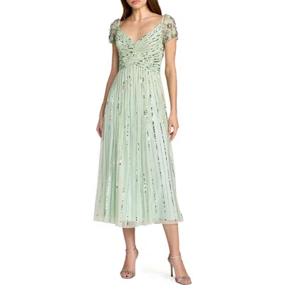 Mac Duggal Beaded Sequin V Neck Cap Sleeve Midi Dress In Green