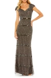 Mac Duggal Cap Sleeve Sweetheart Neckline Beaded Sequin Column Gown In Charcoal