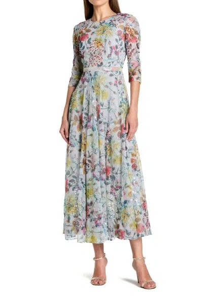 Mac Duggal Beaded Short Sleeve Crew Neck Sheath Midi Dress In Multi
