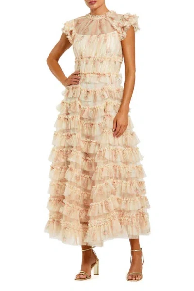 Mac Duggal Beaded Short Sleeve Crew Neck Sheath Midi Dress In Neutral