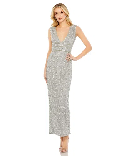 MAC DUGGAL BEADED SLEEVELESS TEA LENGTH SHEATH DRESS