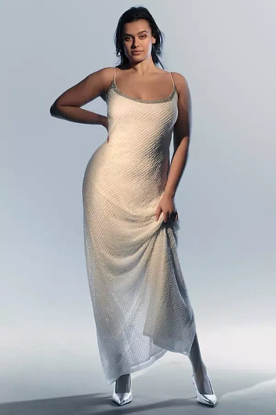 Mac Duggal Beaded Spaghetti Strap Column Gown In White
