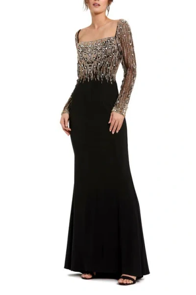Mac Duggal Beaded Embellished Square Neck Long Sleeve Jersey Gown In Black Gold