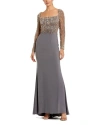 Mac Duggal Beaded Embellished Square Neck Long Sleeve Jersey Gown In Platinum Gold