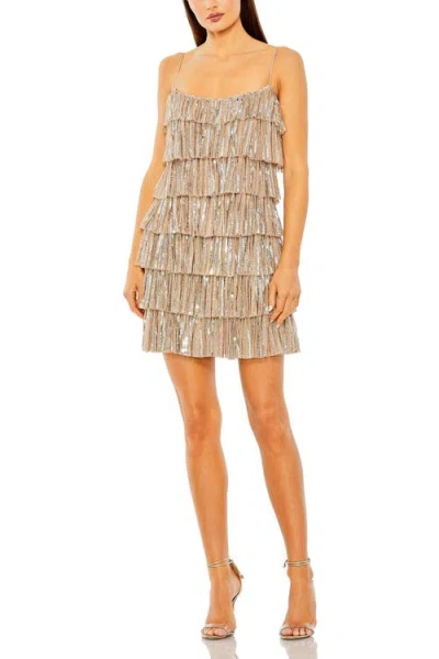 Mac Duggal Beaded Strap Sequin Ruffle Mini Dress In Nude Silver