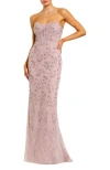 Mac Duggal Beaded Strapless Bustier Gown With Satin Rose Cape In Purple