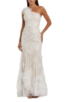 Mac Duggal Sequined One Shoulder Flutter Sleeve A Line Gown In Ivory
