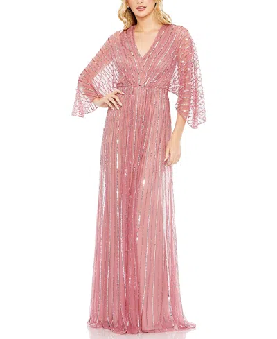 MAC DUGGAL BEADED STRIPING KIMONO SLEEVE V NECK GOWN
