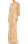 Mac Duggal Beaded Striping Kimono Sleeve V Neck Gown In Brown