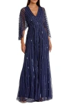 Mac Duggal Beaded Striping Kimono Sleeve V-neck Gown In Navy