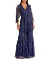 Mac Duggal Beaded Striping Kimono Sleeve V-neck Gown In Navy