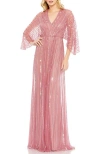 Mac Duggal Beaded Striping Kimono Sleeve V Neck Gown In Pink
