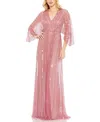 Mac Duggal Beaded Striping Kimono Sleeve V Neck Gown In Rosewood