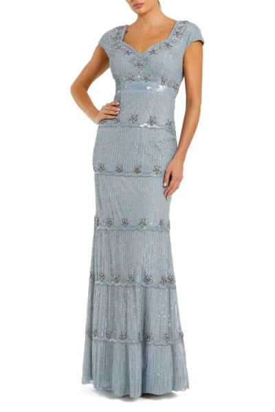 Mac Duggal Beaded Sweetheart Neck Sequin Cap Sleeve Gown In Blue