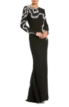 Mac Duggal Elegant Beaded Swirl Applique Gown In Black