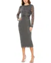 Mac Duggal Beaded Tea Length Sheath With Sheer Sleeves
