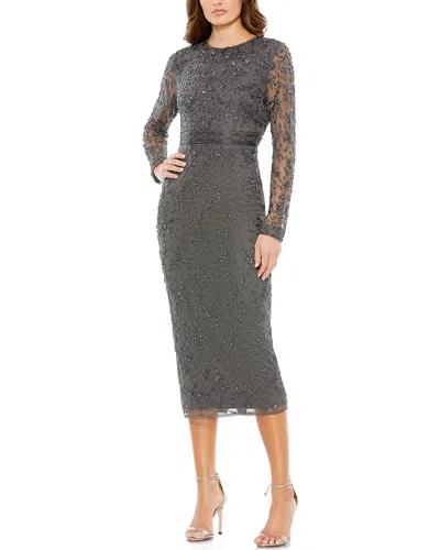Mac Duggal Beaded Tea Length Sheath With Sheer Sleeves In Gray