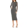 Mac Duggal Beaded Tea Length Sheath With Sheer Sleeves In Charcoal