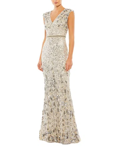 Mac Duggal Beaded V Neck Cap Sleeve Column Gown In White