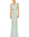 Mac Duggal Short Sleeve Beaded V-neck Gown In Green