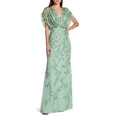 Mac Duggal Beaded V-neck Short Sleeve Blouson Gown In Green