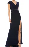 Mac Duggal Beaded Waist Cap Sleeve Dress Gown In Navy In Black