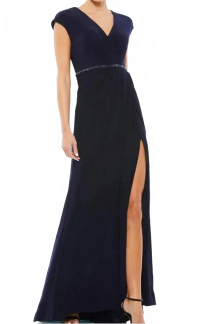 Mac Duggal Beaded Waist Cap Sleeve Dress Gown In Navy In Black
