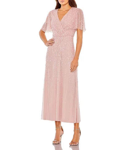 MAC DUGGAL BEADED WRAP OVER BUTTERFLY SLEEVE COLUMN DRESS