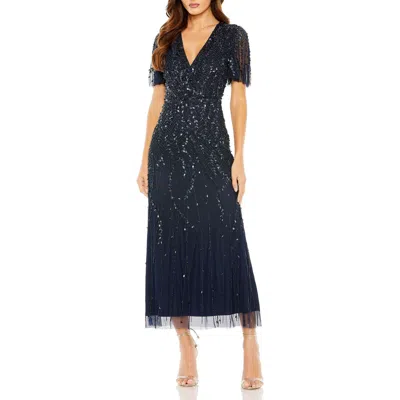 MAC DUGGAL MAC DUGGAL BEADED WRAP OVER BUTTERFLY SLEEVE COLUMN DRESS
