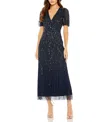 Mac Duggal Beaded Wrap Over Butterfly Sleeve Column Dress In Midnight