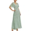 Mac Duggal Beaded Wrap Over Butterfly Sleeve Column Gown In Sage