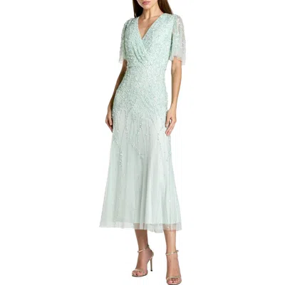 Mac Duggal Beaded Wrap Over Butterfly Sleeve Dress In Multi