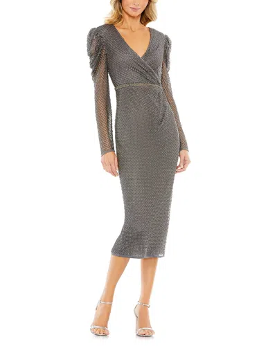 Mac Duggal Beaded Wrap Over Puff Sleeve Dress In Charcoal