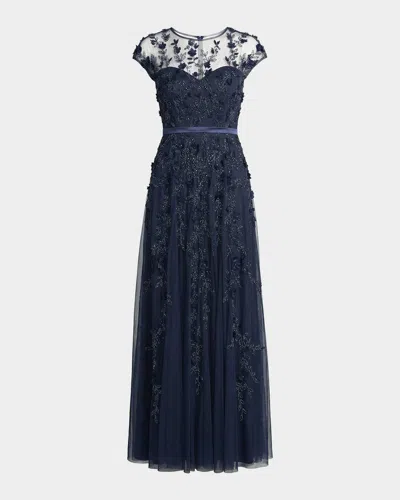 Mac Duggal Bead-embroidered Mesh Gown In Blue