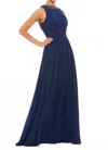 Mac Duggal Bejeweled Neckline Pleated Chiffon Gown Dress In Navy In Blue