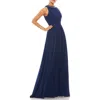 Mac Duggal Bejeweled Neckline Pleated Chiffon Gown In Midnight