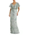 Mac Duggal Flutter Sleeve Embellished Lace Trumpet Gown In Seafoam