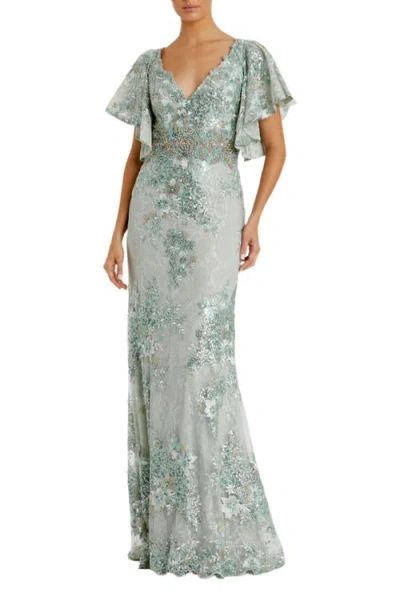 Mac Duggal Bell Sleeve Floral Embellished Gown In Seafoam