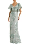Mac Duggal Flutter Sleeve Embellished Lace Trumpet Gown In Seafoam