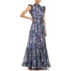 Mac Duggal Belted Floral Chiffon Ruffle Sleeve Gown In Lilac Multi