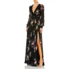 Mac Duggal Belted Floral Print Illusion Long Sleeve Gown In Blue