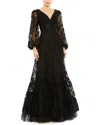Mac Duggal V Neck Puff Sleeve A Line Embroidered Gown In Black