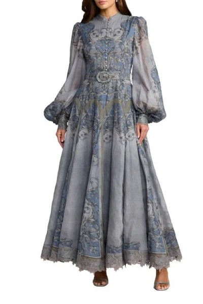 Mac Duggal Bishop Sleeve Printed Cotton A-line Dress In Blue
