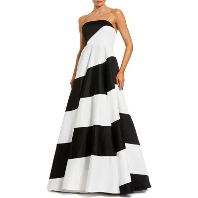 Mac Duggal Black And White Striped Satin Strapless Ballgown In Multi