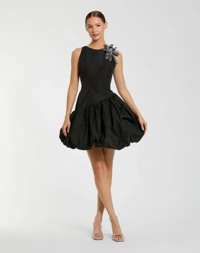 Mac Duggal Black Bubble Hem Mini Dress With 3d Floral Appliqué