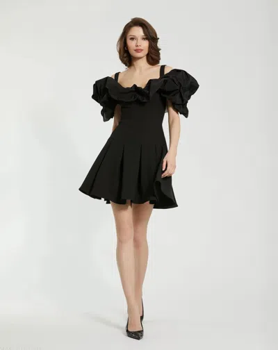 Mac Duggal Black Crepe Godet Hem Mini Dress With Faille Ruffle - Final Sale In Black (final Sale)