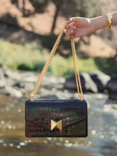 Mac Duggal Black Crocodile Leather Shoulder Bag With Gold Hardware