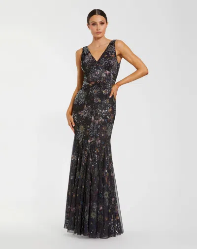 Mac Duggal Black Embellished Floral Sleeveless V-back Gown In Black Multi