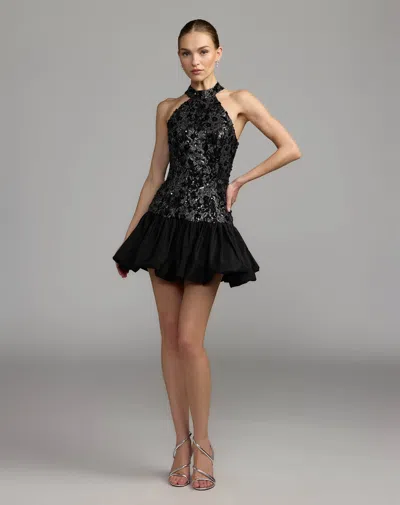 Mac Duggal Black Embellished Lace Bubble Hem Mini Dress In Black Silver