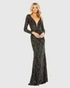 Mac Duggal Black Embellished Long Sleeve Plunge Trumpet Gown In Black Multi